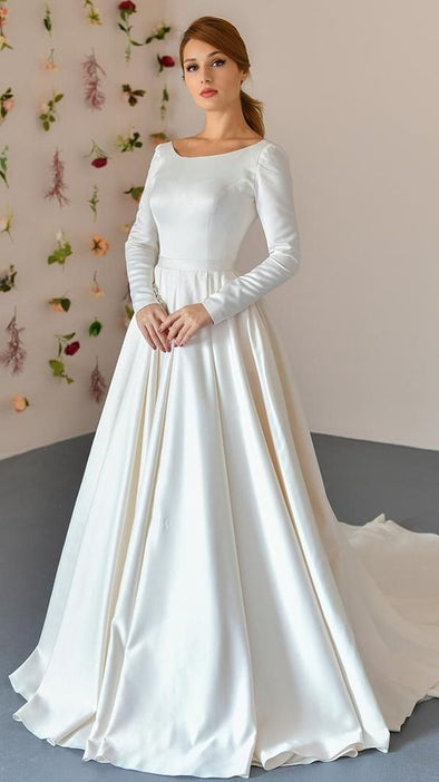Modest Round Neck Ivory Satin Wedding Dress V Back