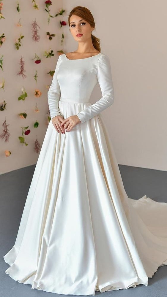 Modest Round Neck Ivory Satin Wedding Dress V Back TANYA BRIDAL Modest Round Neck Ivory Satin Wedding Dress V Back TANYA BRIDAL