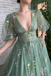 Embroidery A Line V Neck Tulle Homecoming Dress Short Sleeves