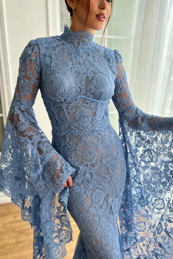 DZ9676 Luxury Dubai Blue Lace Mermaid Evening Dress High Neck Flare S – TANYA BRIDAL