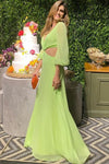 A Line V Neck Full Sleeves Cut Away Sexy Chiffon Prom Dress