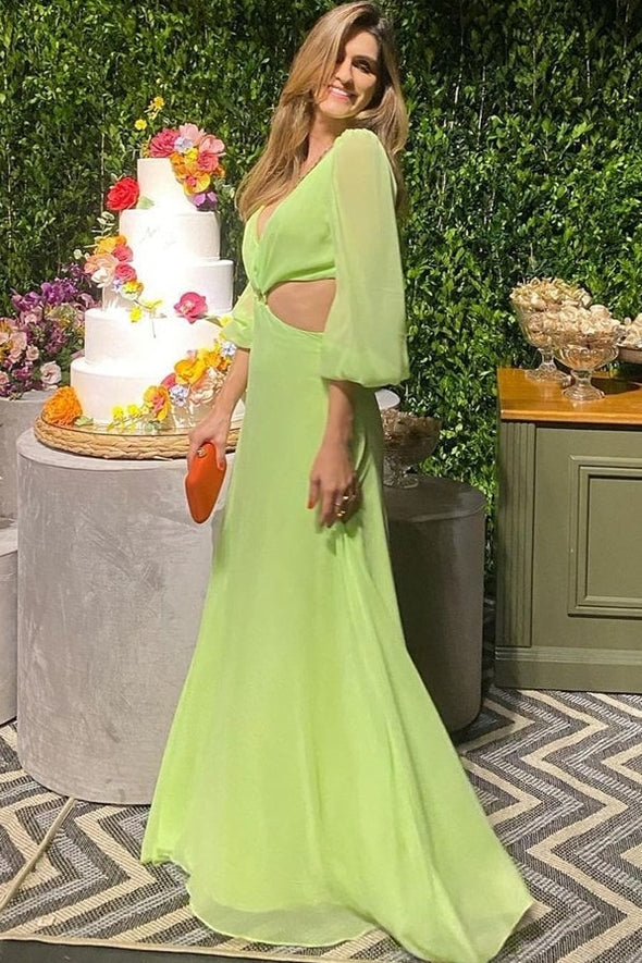A Line V Neck Full Sleeves Cut Away Sexy Chiffon Prom Dress