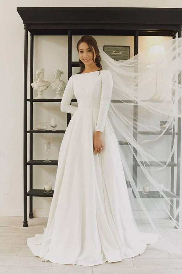 Satin Long Sleeves V Back A Line Wedding Dress TANYA BRIDAL Satin Long Sleeves V Back A Line Wedding Dress TANYA BRIDAL