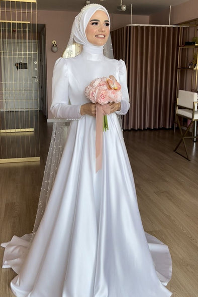 High Collar Full Sleeves Satin Modest Muslim Wedding Dress