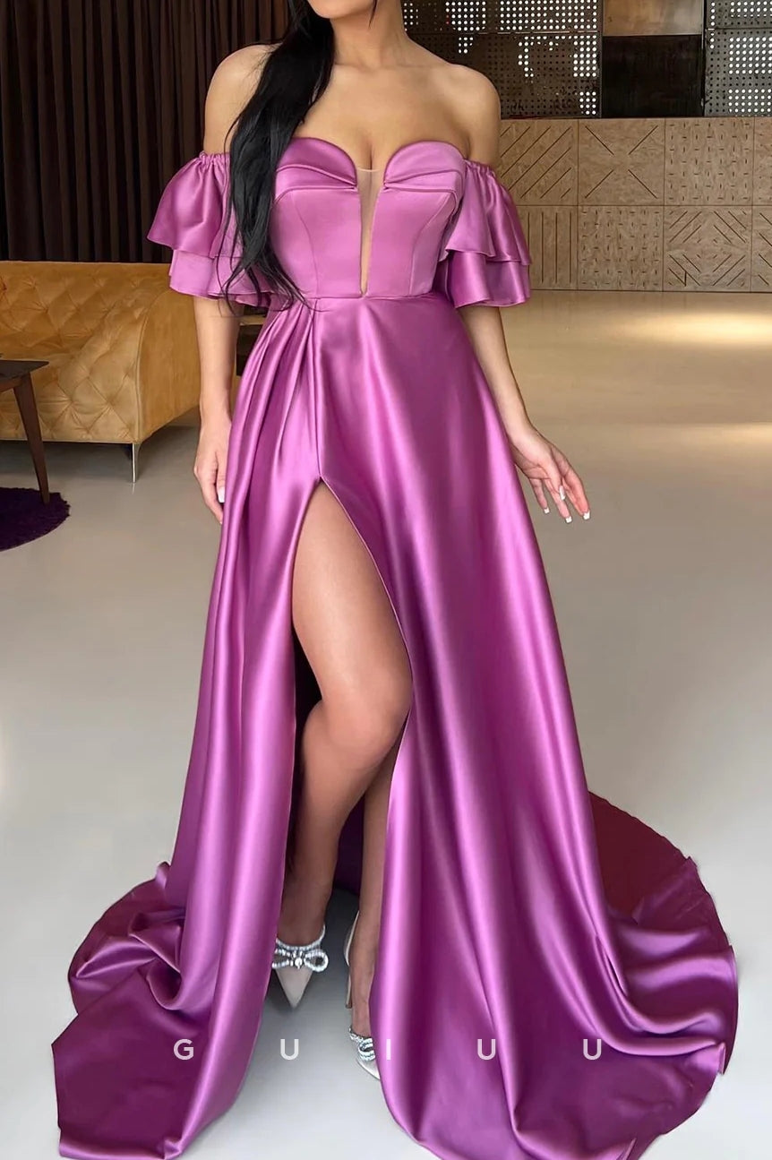 elegant v-neck off the shoulder long satin prom dresses Elegant v neck off shoulder satin long prom dress, formal evening dress