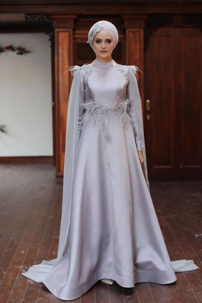 lavender grey wedding dress Light Gray Lavender A Line Tulle Wedding Dress With Detachable Sleeves -
