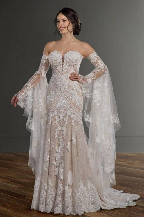 Bohemian Lace Fit-and-Flare Wedding Dress with Detachable Bell Sleeves - Bohemian Lace Fit-and-Flare Wedding Dress with Detachable Bell Sleeves -