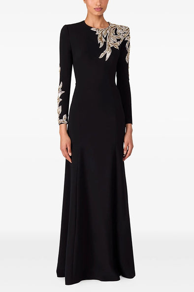 #DZ9379 Long Sleeves Black Champagne Evening Dress With Sequins