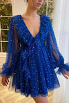 Sexy A-Line Deep V Neck Homecoming Dress Tulle Sparkle Shine Dress