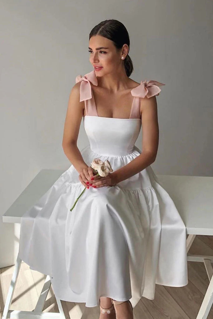 Tie Shoulder A Line Satin Modest Homecoming Dress – TANYA BRIDAL