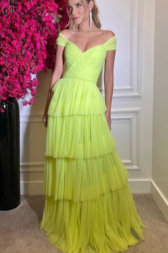 A Line Floor Length Sweetheart Fluo Green Cake Prom Gown