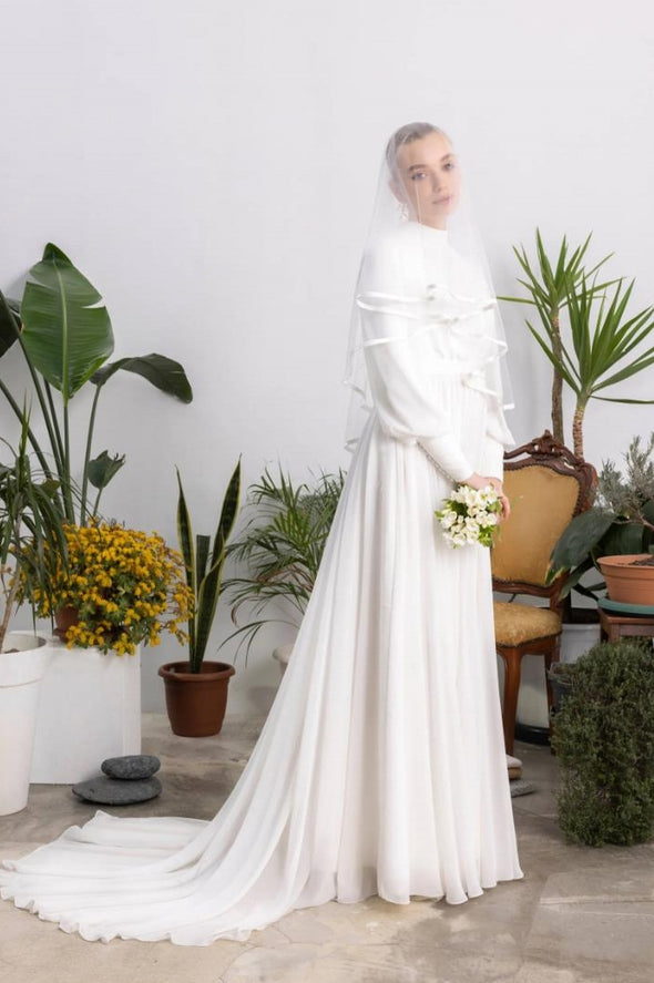 High Neck Full Sleeves A Line Simple Wedding Dresses