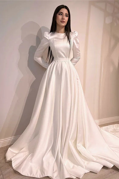 Ivory Muslim Wedding Dresses A Line Long Sleeve