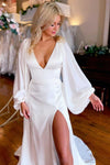 V Neck Long Sleeves High Side Split Wedding Gown 24311423
