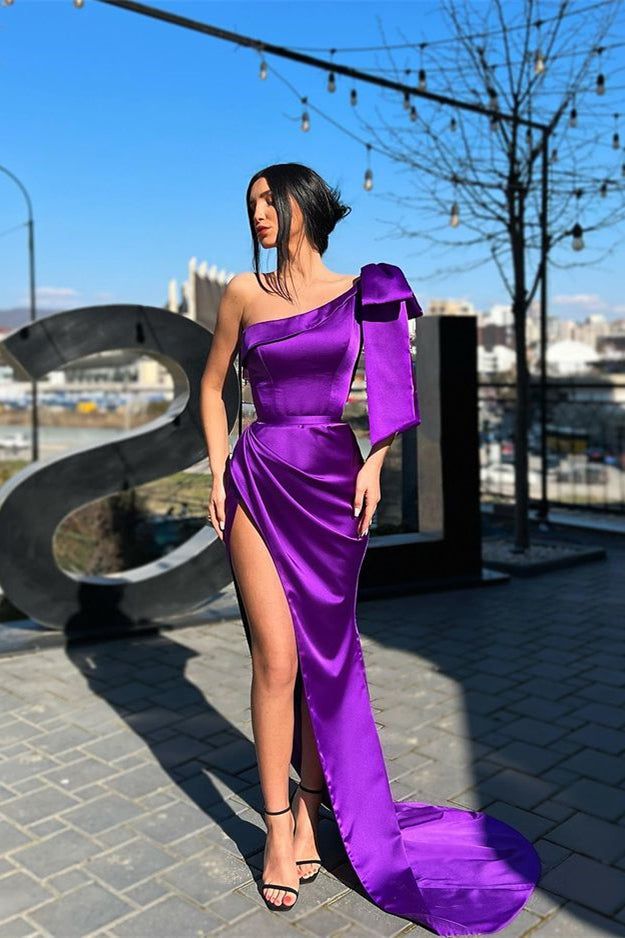 Designer Purple One Shoulder Long Prom Dress With Slit - Designer Purple One Shoulder Long Prom Dress With Slit -