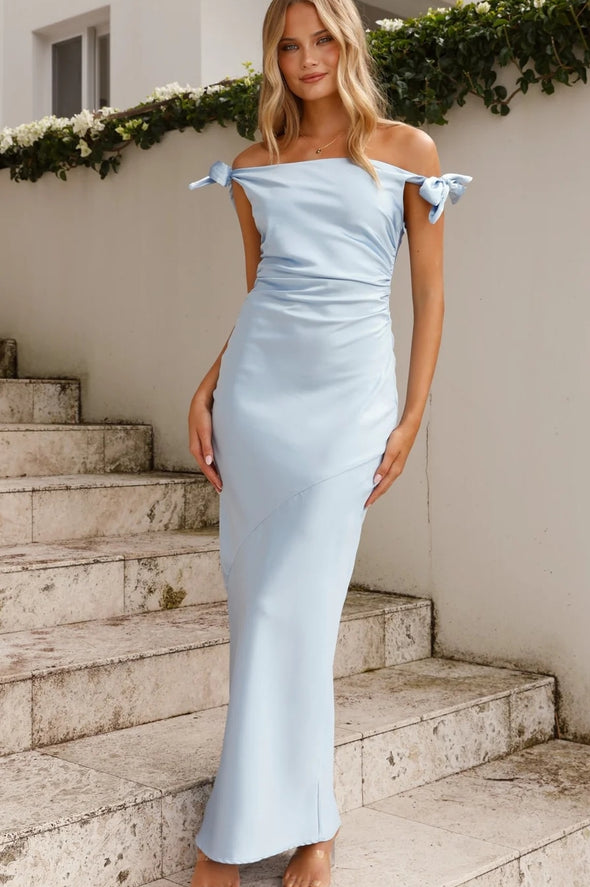Sky Blue Off The Shoulder Ankle Length Simple Bridesmaid Dress