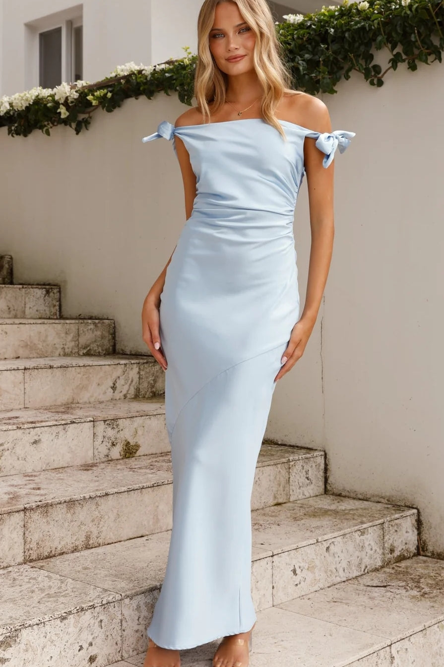 Sky Blue Off The Shoulder Ankle Length Simple Bridesmaid Dress TANYA BRIDAL Sky Blue Off The Shoulder Ankle Length Simple Bridesmaid Dress TANYA BRIDAL