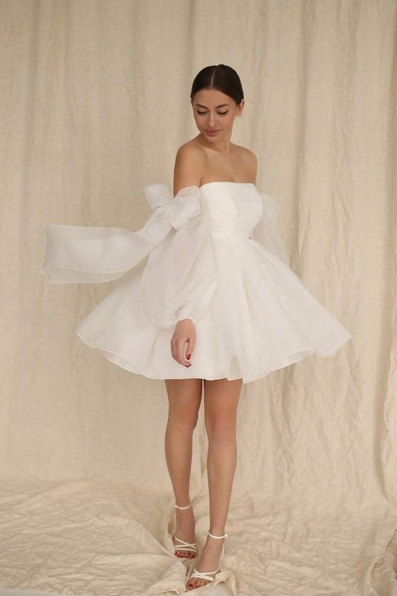 White Homecoming Dress With Detachable Bow Sleeves TANYA BRIDAL White Homecoming Dress With Detachable Bow Sleeves TANYA BRIDAL