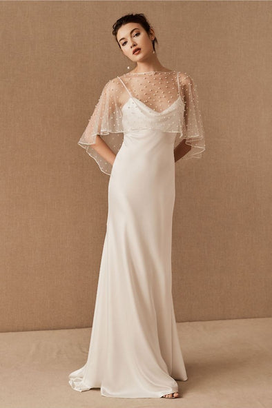 Simple Long Wedding Dress With Pearl Cape 242241355