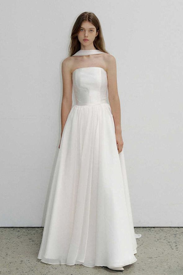 TT693 A Line Strapless Long Wedding Dress With Neck  Scarf