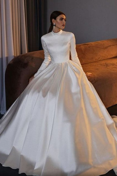 High Stand Neck Full Sleeves Close Back Satin A Line Muslim Wedding Dress