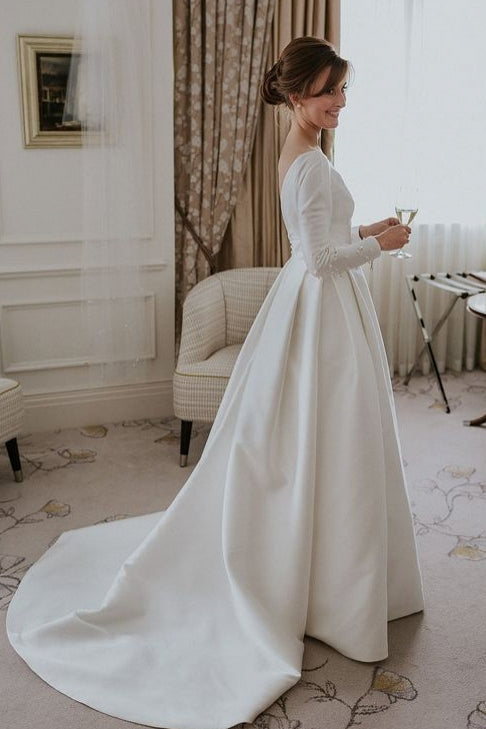 Round Neck Ivory Satin Wedding Dress With Pearl TANYA BRIDAL Round Neck Ivory Satin Wedding Dress With Pearl TANYA BRIDAL