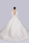 Luxury Long Sleeves Satin Flowers Backless Wedding Bridal Gown