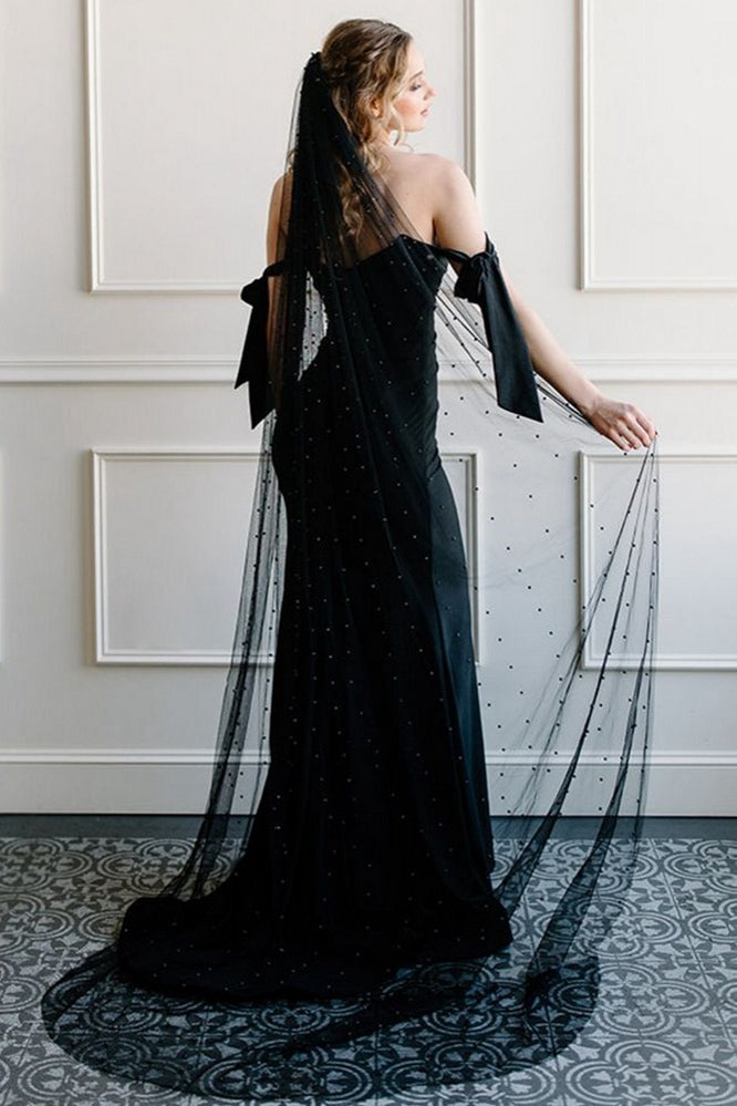 V05 Black Bride Party Veil With Pearls Short & Long With Comb TANYA BRIDAL V05 Black Bride Party Veil With Pearls Short & Long With Comb TANYA BRIDAL
