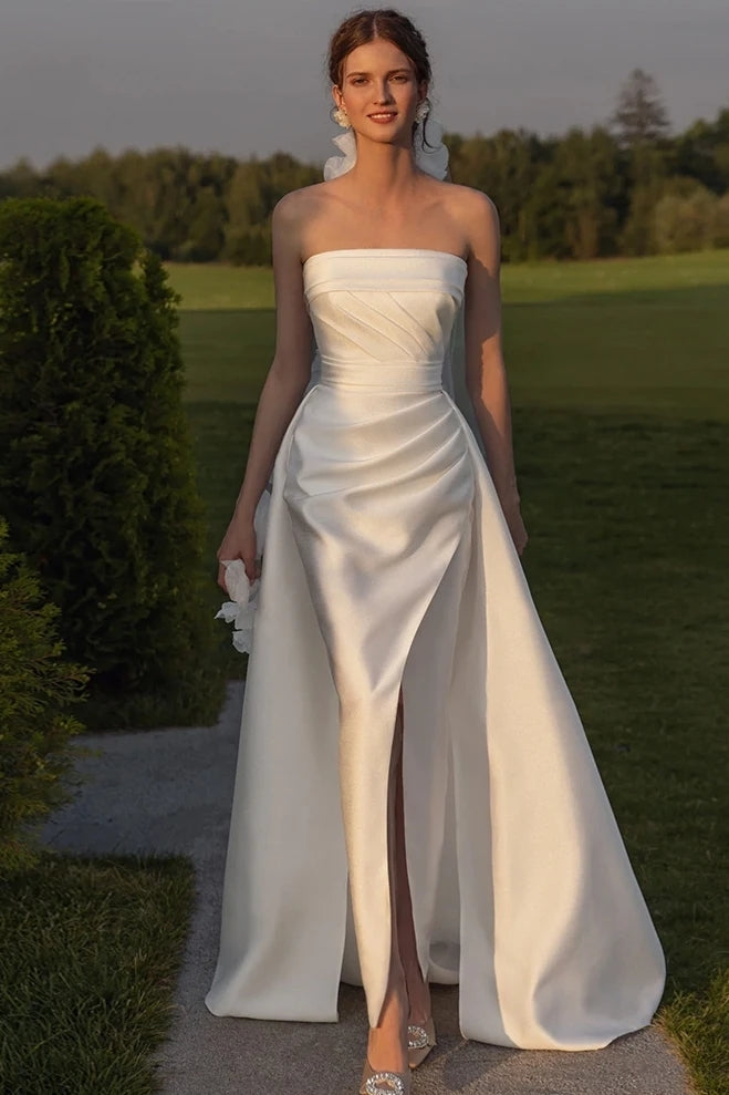 Strapless Sheath Satin Wedding Dresses With Flower Veil DW883 – TANYA BRIDAL Strapless Sheath Satin Wedding Dresses With Flower Veil DW883 – TANYA BRIDAL