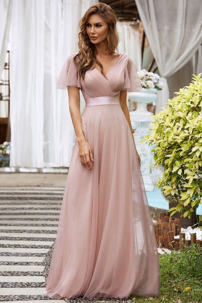 Modest Short Sleeves A Line Tulle Dusty Pink Bridesmaid Dress TANYA BRIDAL Modest Short Sleeves A Line Tulle Dusty Pink Bridesmaid Dress TANYA BRIDAL