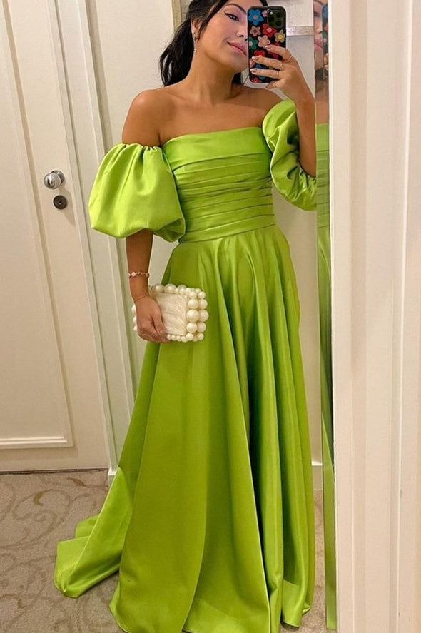 A Line Strapless Sage Green Satin Prom Dress With Detachable Sleeves