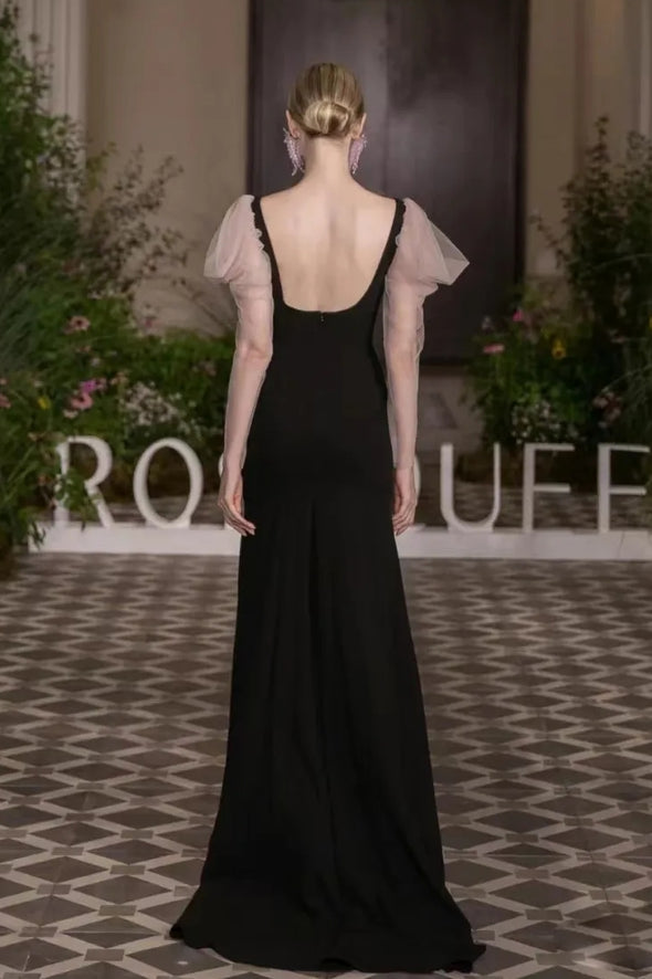 Black Narrow A Line Prom Dress With Long Sleeves Side Split