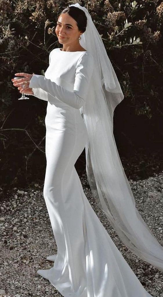Long Sleeves Round Neck Simple Modest Mermaid Wedding Dress TANYA BRIDAL Long Sleeves Round Neck Simple Modest Mermaid Wedding Dress TANYA BRIDAL