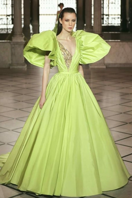 Sage Green Puffy Sleeves Taffeta Ball Gown Evening Dress TANYA BRIDAL Sage Green Puffy Sleeves Taffeta Ball Gown Evening Dress TANYA BRIDAL