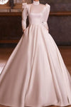 High Neck Long Sleeves Simple Satin Wedding Dress Muslim Arabic Gown