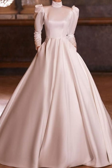 High Neck Long Sleeves Simple Satin Wedding Dress Muslim Arabic Gown