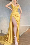 Gold Mermaid Modest Satin Long Party Prom Dresses With Slit