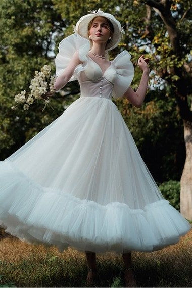 Fairy A Line Tulle Mid Calf Wedding Dress With Short Sleeves TANYA BRIDAL Fairy A Line Tulle Mid Calf Wedding Dress With Short Sleeves TANYA BRIDAL
