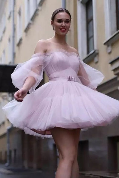 Pink Tulle Off The Shoulder Homecoming Dress Mini