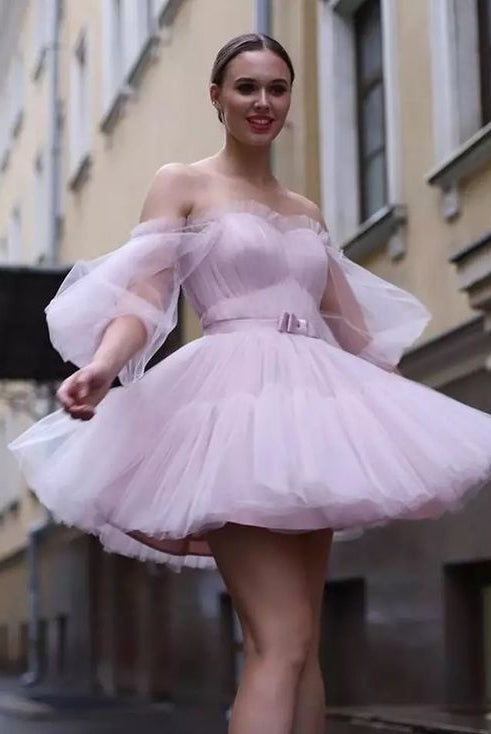 Pink Tulle Off The Shoulder Homecoming Dress Mini TANYA BRIDAL Pink Tulle Off The Shoulder Homecoming Dress Mini TANYA BRIDAL
