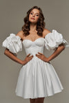 White Satin Short Party Dress Homecoming Gown With Detachable Sleeves