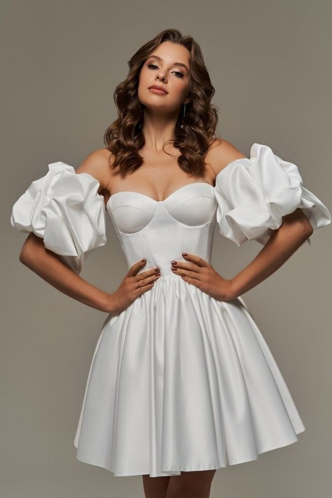 White Satin Short Party Dress Homecoming Gown With Detachable Sleeves TANYA BRIDAL White Satin Short Party Dress Homecoming Gown With Detachable Sleeves TANYA BRIDAL
