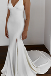 V Neck & Back Mermaid Long Simple Wedding Dress With Split
