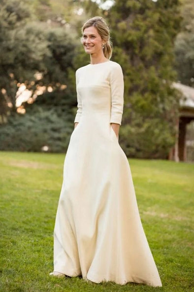 3/4 Sleeves Modest Soft Satin A Line Wedding Dress