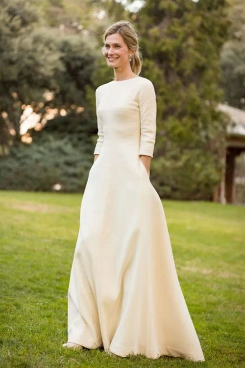 A Line Wedding Dress 3/4 Sleeves Modest Soft Satin