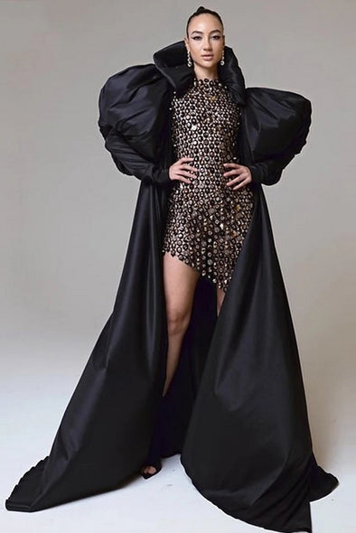 Black Taffeta High Collar Puffy Sleeves Women Fashion Cape ZJ208