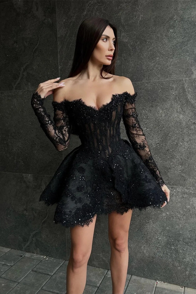 Off Shoulder Long Sleeve Homecoming Dress for Juniors TANYA BRIDAL Off Shoulder Long Sleeve Homecoming Dress for Juniors TANYA BRIDAL