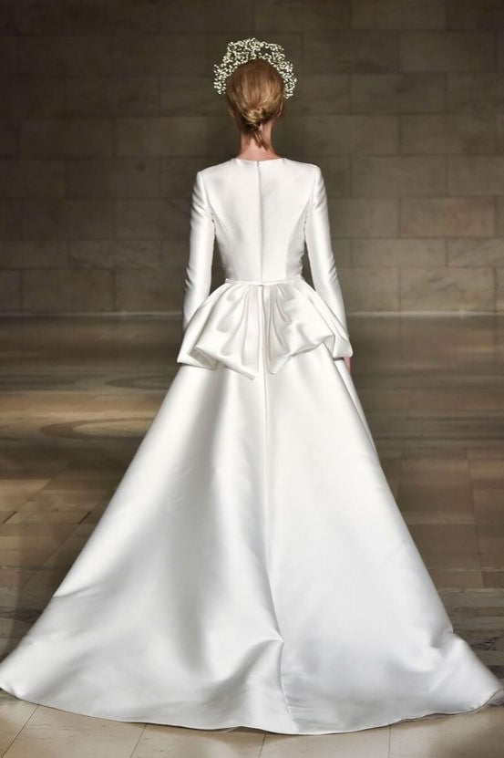 Romantic Thick Satin Long Wedding Dress Round Neck Full Sleeves