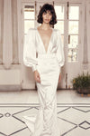 Simple Long Silk Satin Wedding Dress Deep V Neck