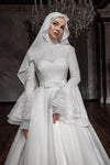 High Neck Full Sleeves Flare Style A Line Modest Muslim Wedding Dress